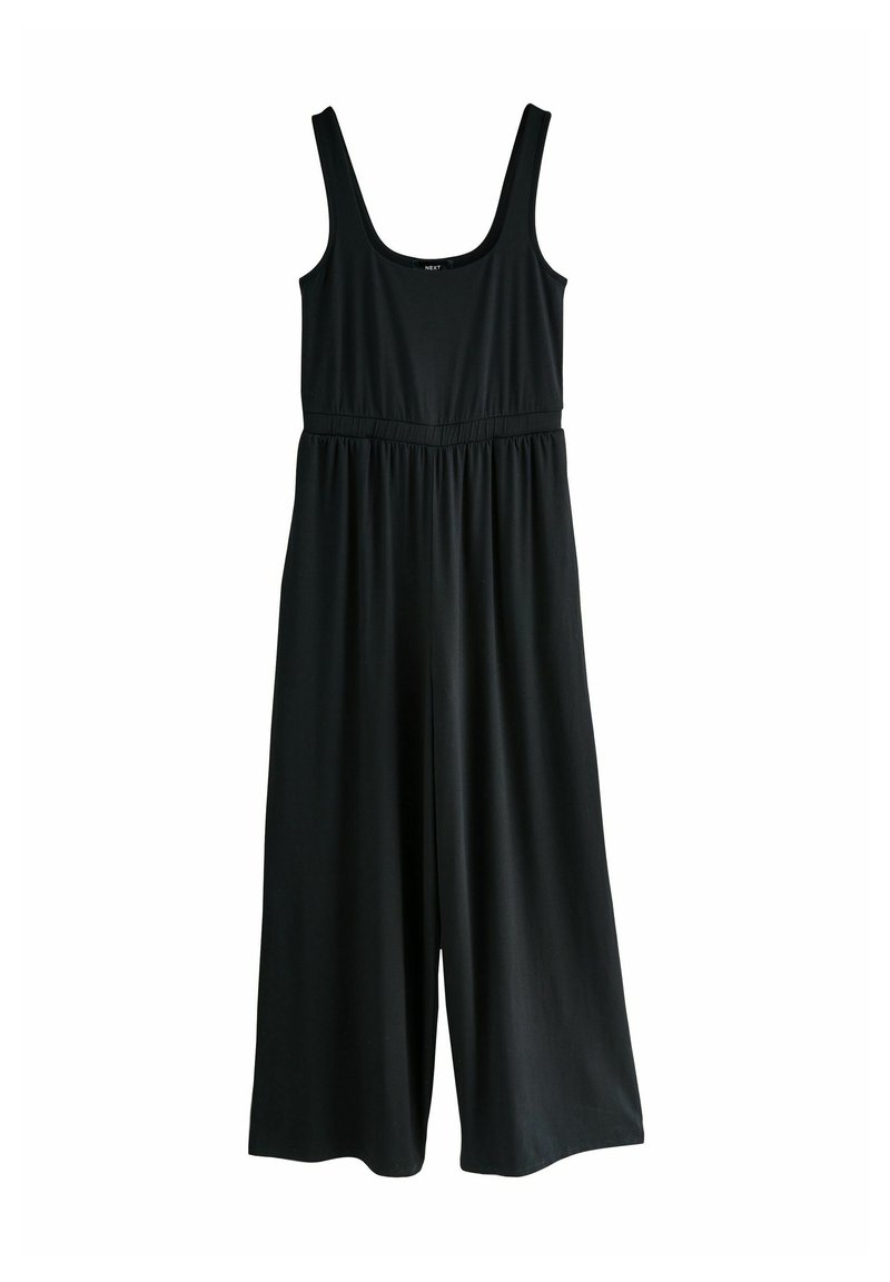 Black sleeveless jumpsuit with wide legs, fitted waist, and scoop neckline against a white background.