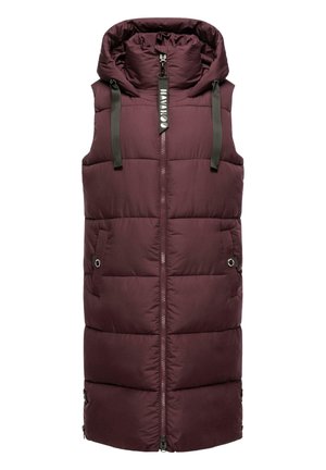 Hiiren harmaa pitkä toppaliivi ilman hihoja, jossa on etuvetoketju, suuri huppu, kaksi sivutaskua ja mustat kiristysnauhat hupussa.