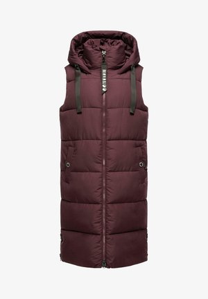 Długa pikowana kamizelka bez rękawów w ciemnym fioletowym kolorze, z przednim zamkiem błyskawicznym, dużym kapturem, dwoma bocznymi kieszeniami oraz czarnymi sznurkami na kapturze.