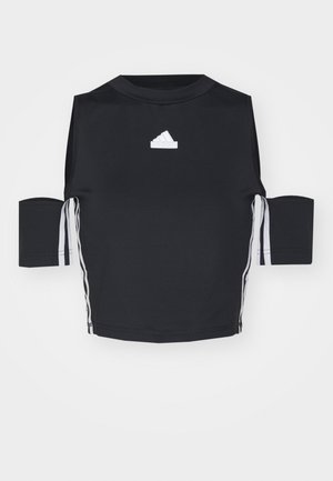 Black short-sleeve athletic shirt made of smooth fabric, featuring white Adidas logo and three white stripes along the sides.