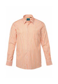 Camicia a maniche lunghe con un motivo a righe arancioni e bianche, realizzata in un tessuto leggero, con colletto classico e taschino sul petto.