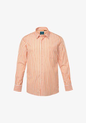 Camicia a maniche lunghe con un motivo a righe arancioni e bianche, realizzata in un tessuto leggero, con colletto classico e taschino sul petto.