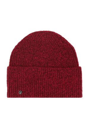 Dark red knitted beanie hat with folded brim and small round metal logo on the lower left side.