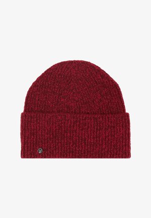 Dark red knitted beanie hat with folded brim and small round metal logo on the lower left side.