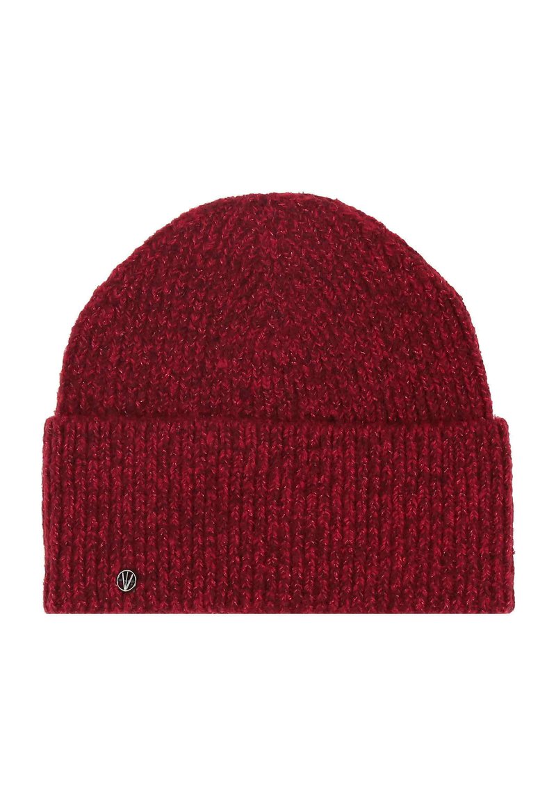 Bonnet en tricot noir avec un revers replié et un petit logo en métal rond sur le côté gauche en bas.