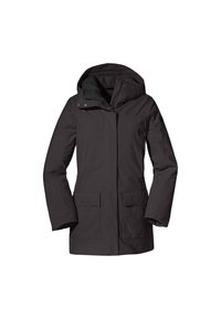 Schwarze isolierte Jacke mit abnehmbarer Kapuze, mit Fleece gefüttertem Innenraum, Druckknopfverschlüssen vorne und zwei Seitentaschen. Einfaches, geradliniges Design.