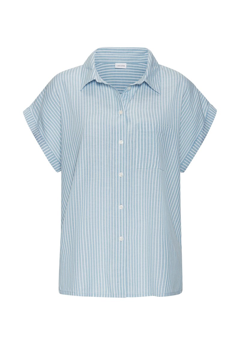 Light blue short-sleeve shirt with vertical white stripes, collared design, front chest pocket, and button-down front closure.