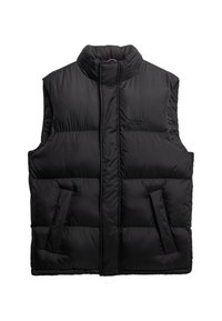 Zwart gewatteerd mouwloos vest met hoge kraag, voorrits verborgen onder flap, twee voorzakken en een subtiel logo op de linkerborst.