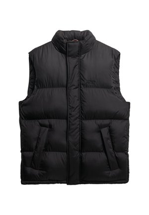 Zwart gewatteerd mouwloos vest met hoge kraag, voorrits verborgen onder flap, twee voorzakken en een subtiel logo op de linkerborst.