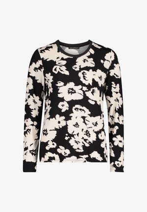 Langærmet top i et sort og creme farvet blomsterdesign, lavet af blødt stof, med en rund halsudskæring og en afslappet pasform.