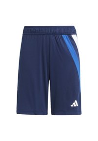 Shorts de sport bleu marine en tissu léger, avec une taille élastique et des accents diagonaux bleus et blancs. Logo affiché en bas à droite.