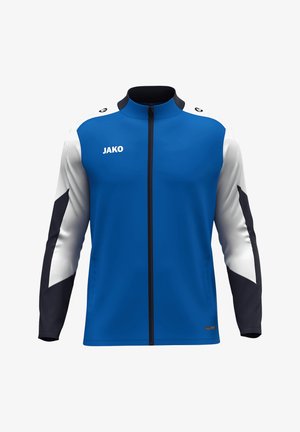 Giacca sportiva blu con maniche bianche e nere, chiusura a zip completa, colletto alto e logo JAKO sulla parte anteriore. Tessuto liscio, vestibilità atletica.