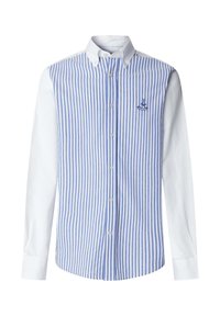 Chemise pour hommes à manches longues avec des rayures verticales bleues et blanches sur le devant, manches blanches unies, et un petit logo brodé sur la poitrine.