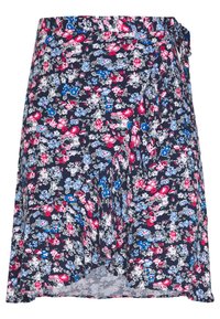 Jupe portefeuille fleurie en tissu léger. Fond bleu marine avec des fleurs roses, bleues et blanches. Comprend un détail de nouage à la taille.