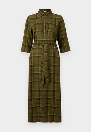 Green plaid midi dress with a collared neckline, three-quarter sleeves, a tie belt, and button detailing along the front.