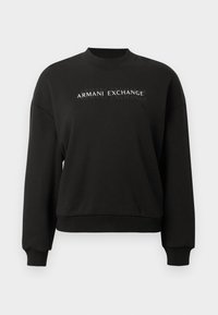 Čierna mikina so zaobleným výstrihom, dlhými rukávmi a rebrovanými manžetami. Na prednej strane sa nachádza potlač s logom "ARMANI EXCHANGE". Mäkká textúra.