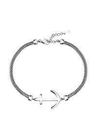 Bracciale argento con una catena testurizzata, caratterizzato da un charm a forma di ancora di dimensioni prominenti. Chiusura regolabile con catena di estensione.