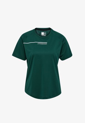 T-shirt de sport vert à manches courtes avec un col rond, tissu texturé et détail logo blanc sur la poitrine.