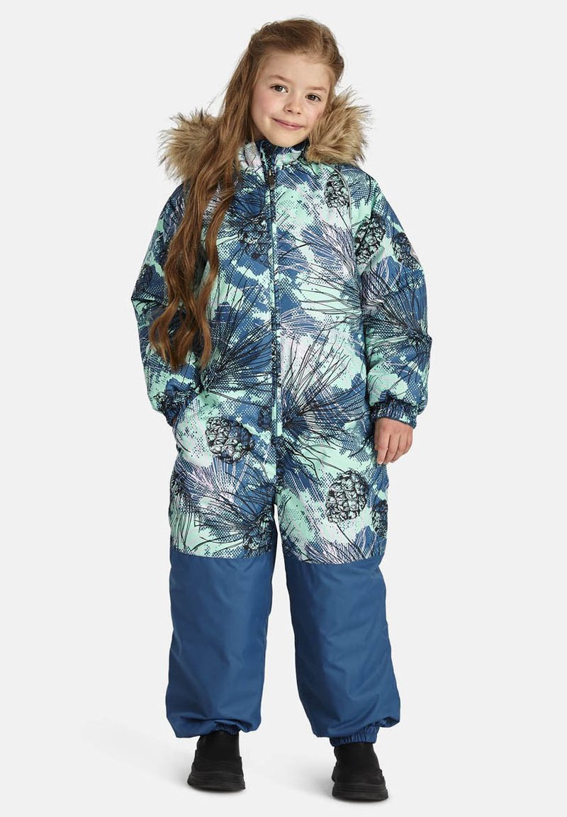 Paminkštintas mėlynas snowsuit'as su mėtinės žalios gėlėtos spalvos raštu ir dirbtiniu kailiu ant kepuraitės. Dėlionė su elastinėmis rankovėmis ir priekiniais užtrauktukais.