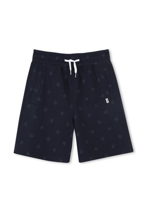 Navy blue shorts with a subtle pattern, elastic waistband, drawstring, and side pockets. Made from a lightweight, breathable fabric.