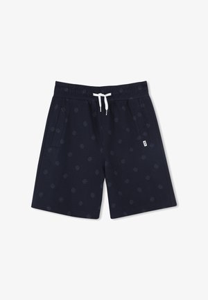Shorts bleu marine avec un motif subtil, taille élastique, cordon de serrage et poches latérales. Fabriqués à partir d'un tissu léger et respirant.
