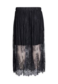 La gonna nera in pizzo presenta un design a strati con una sovrapposizione semitrasparente, una vita elastica e un motivo floreale lungo l'orlo.