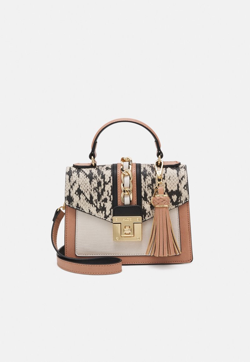 Structured handbag with a mix of python print and taupe leather, featuring a gold lock, chain detail, and a tassel accent.