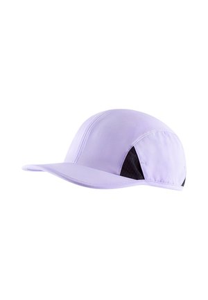 Purple cap with a curved visor, made from smooth material. Features black mesh accents on the sides and reinforced stitching details.