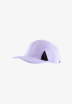 Purple cap with a curved visor, made from smooth material. Features black mesh accents on the sides and reinforced stitching details.