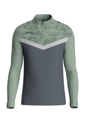 Langärmliges Sporthemd in Grün und Grau mit einem Viertelreißverschluss. Hat ein strukturiertes Obermuster und ein kontrastierendes Chevron-Design.