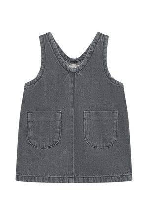 Mouwloze donkergrijze denimjurk voor peuters met twee voorzakken en een ronde halslijn, getoond op een witte achtergrond.