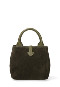 Borsa a mano in suede verde oliva scuro con manici in pelle verde arrotondati e un piccolo dettaglio in pelle triangolare sulla parte frontale.