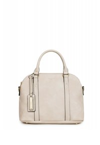Borsa a mano in pelle beige chiaro con accessori in oro, manici arrotondati e una targhetta rettangolare. Presenta una texture liscia e cuciture verticali.