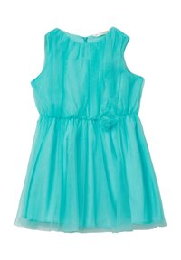 Türkises ärmelloses Kleid mit einem plissierten Design, elastischem Bund und einem floralen Akzent an der Seite. Hergestellt aus leichtem, transparentem Stoff.