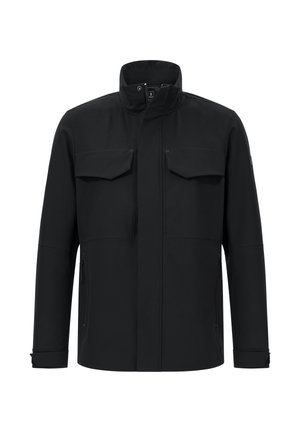 Veste noire en matériau soft-shell, dotée d'un col haut, de deux poches poitrine et de poches latérales zippées. Texture lisse.