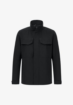 Veste noire en matériau soft-shell, dotée d'un col haut, de deux poches poitrine et de poches latérales zippées. Texture lisse.