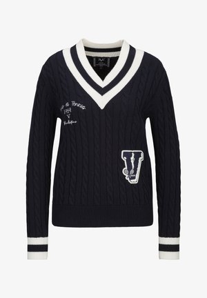 Marineblauer grob gestrickter Pullover mit weiß gestreiftem V-Ausschnitt und Bündchen, bestickt mit Tennis-Motiven auf der Brust und am unteren Rand.