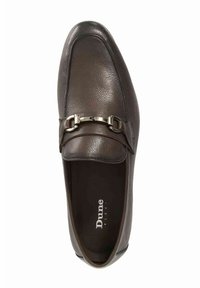 Brown leather loafer featuring a square toe, a decorative metal chain accent, and a flexible sole, marked with the brand name "Dune."
