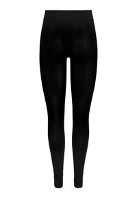 Svarta leggings tillverkade av elastiskt tyg, med ett elastiskt midjeband och en figurnära design utan synliga sömmar eller mönster.