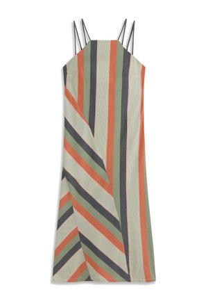 Sleeveless midi dress with thin straps, featuring vertical and diagonal stripes in orange, green, black, and beige tones.
