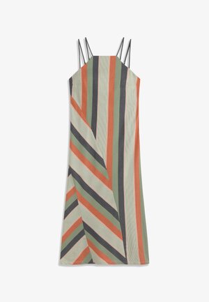 Ärmelloses Midikleid mit dünnen Trägern, mit vertikalen und diagonalen Streifen in Orange-, Grün-, Schwarz- und Beigetönen.