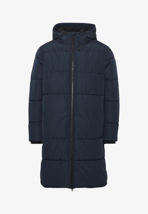 Morska puffer jakna s kapuljačom, koja ima kvadratne pregrade, potpuni prednji zatvarač i elastične rukave za dodatnu toplinu.