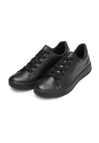 Black leather sneakers with a rounded toe, flat rubber sole, and classic lace-up design. Features textured upper panels and a smooth finish.