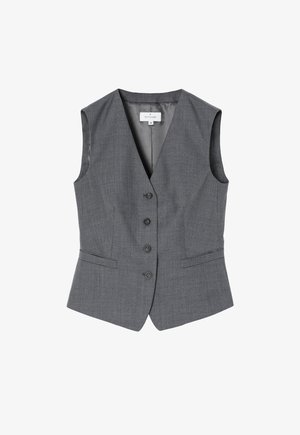 Hall väike krae ja V-kaelusega hall kampsun, millel on viis nööpi, kaks esikotti ja sile tekstuur, kujundatud kohandatud lõikes.