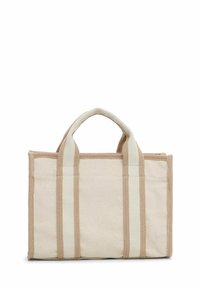 Borsa in tela di colore crema con accenti marrone chiaro. Presenta due manici corti e dettagli laterali a righe. Forma rettangolare, superficie texturizzata.