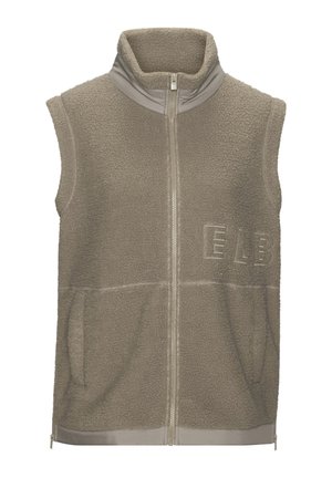 Beige Fleece-Weste mit hohem Kragen, Reißverschluss, zwei Seitentaschen und geprägt-embossed "ELB" Logo. Weiche Textur und Rippstrick-Saum-Detail.