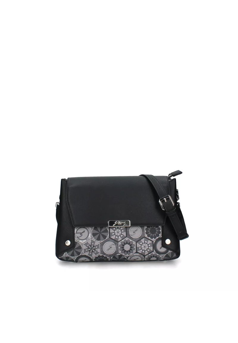 Borsa nera e con motivo realizzata in materiale liscio; presenta una chiusura a patta e una tracolla regolabile, con design geometrici sul davanti.