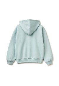 Hoodie di morbido tessuto azzurro chiaro con cappuccio ampio, polsini e orlo a costine. Design semplice e rilassato senza ulteriori motivi o dettagli.