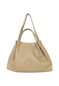 Borsa a tracolla in pelle beige con texture morbida, forma curvata e doppio manico. Presenta un accento con logo dorato sul davanti.