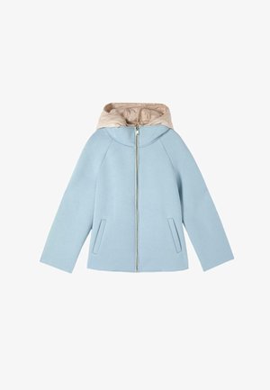 Světle modrá bunda na zip s béžovou polstrovanou kapucí, dlouhými rukávy a dvěma předními kapsami se štěrbinami, prezentovaná na bílém pozadí.